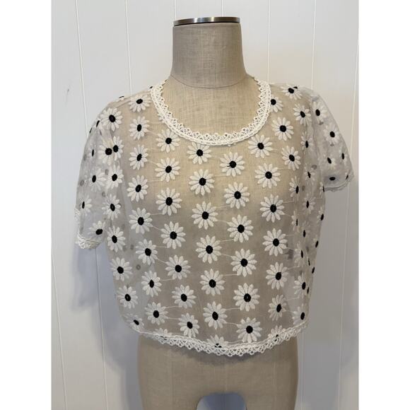 SHEIN XL White Sheer Daisy Lace Embroidered Mesh Crop Top Blouse Floral Festival - Picture 1 of 10